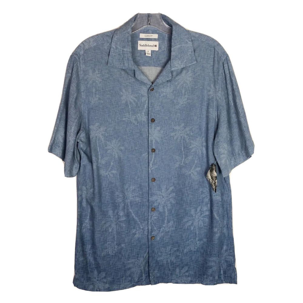 SADDLEBRED Mens Size M Classic Fit Short Sleeve Button Front Hawaiian Blue Shirt